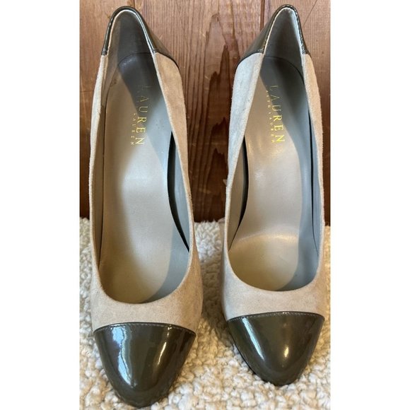 Lauren Ralph Lauren Patent Leather & Suede Two Tone Gray Tan Pumps US 7.5 B - Picture 3 of 16